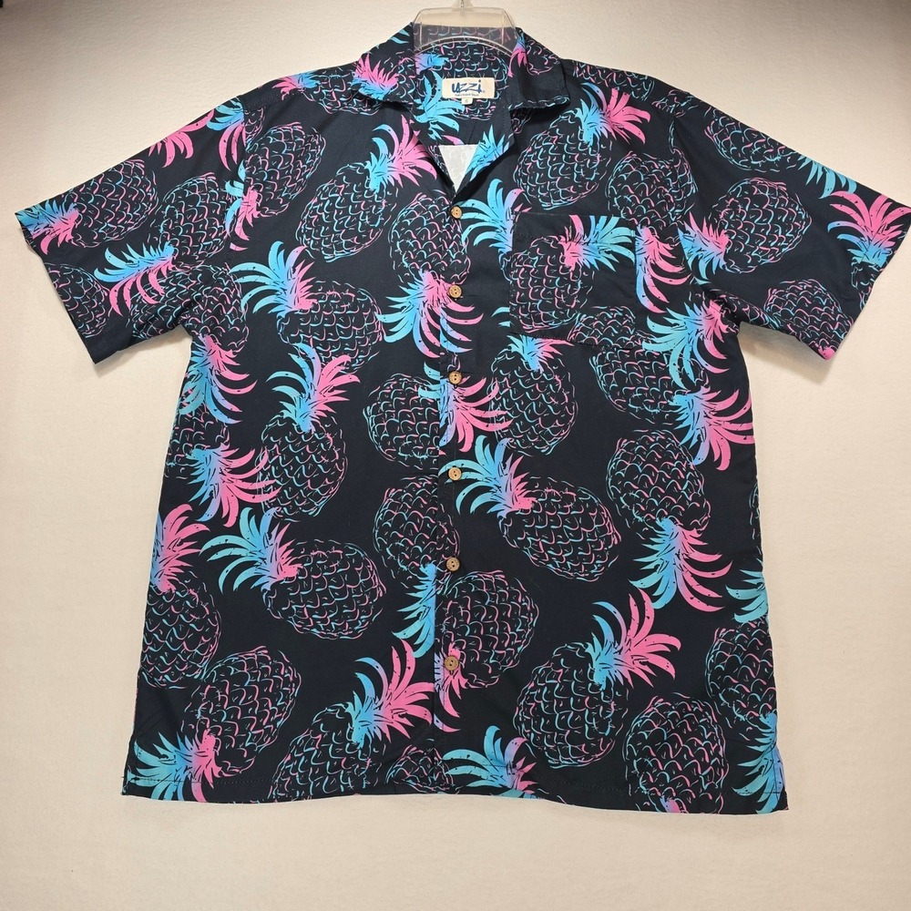 Uzzi Amphibious Gear Mens‎ Small Pineapple Print Hawaiian Shirt Neon Pink Blue S
